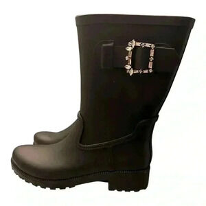 Time And Tru Women's Black Buckle Water Resistant Easy On Off Rain Boots Size 9